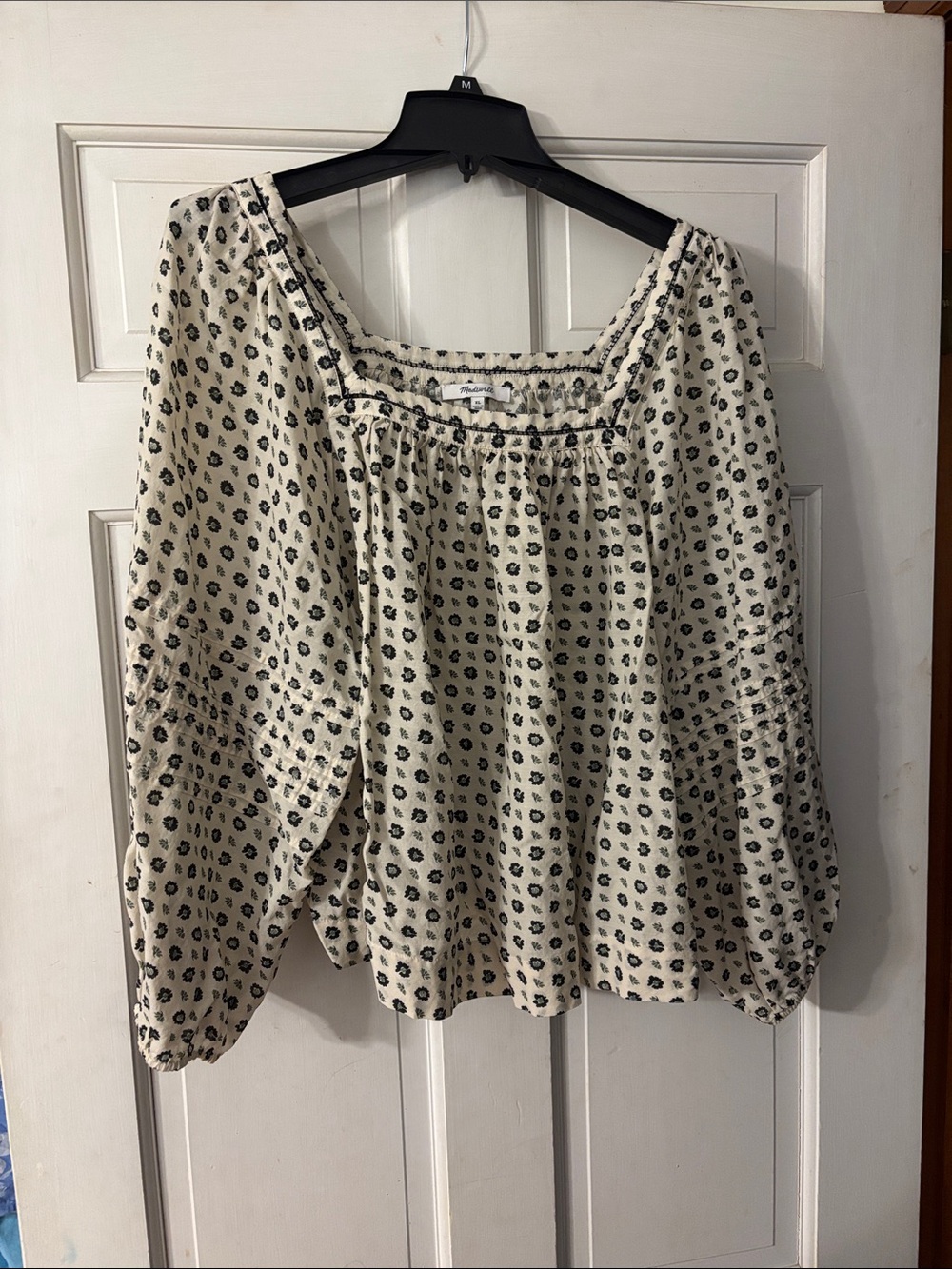 Madewell Cream Blouse with Black/Green Floral Print